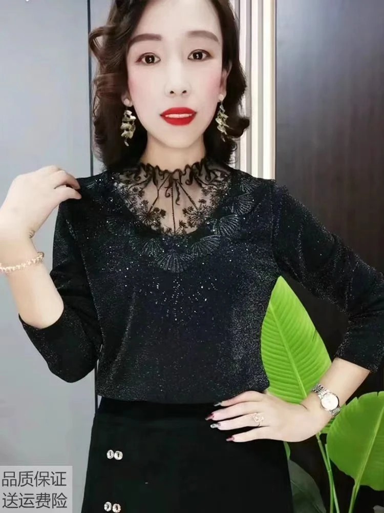 2023加绒保暖秋冬季洋气减龄蕾丝领打底衫气质长袖