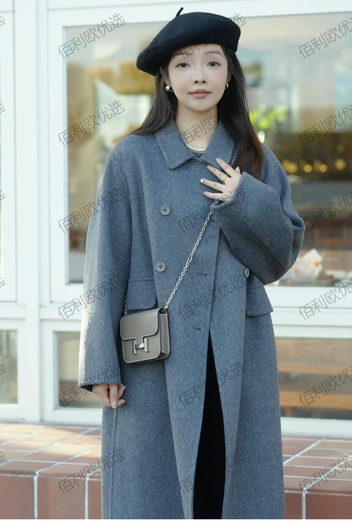 秋冬新款双面羊毛娃娃领双排扣宽松中长款减龄显瘦百搭气质女大衣