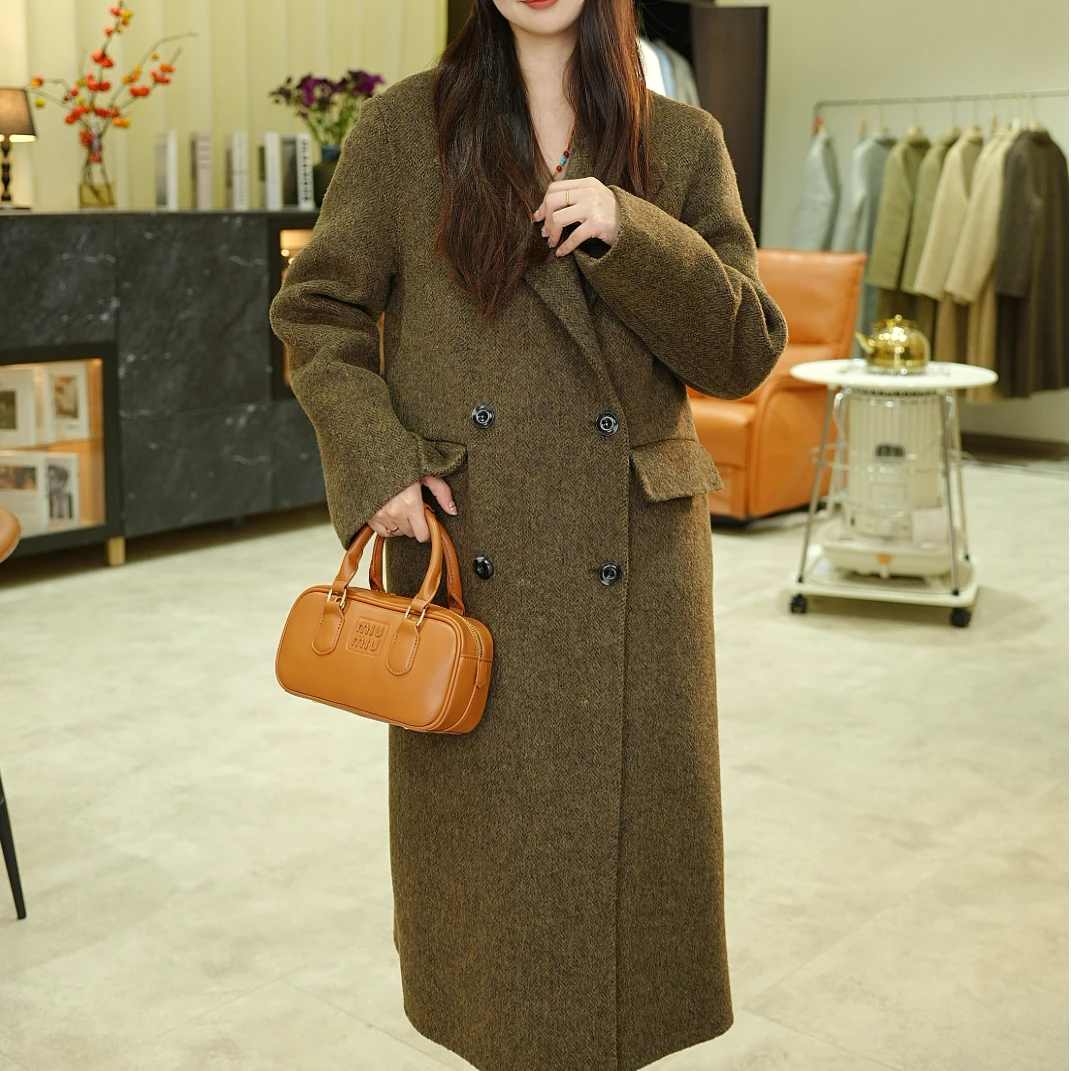 2024新款人字纹二件套加厚中长款双面绵羊毛气质时尚百搭女大衣