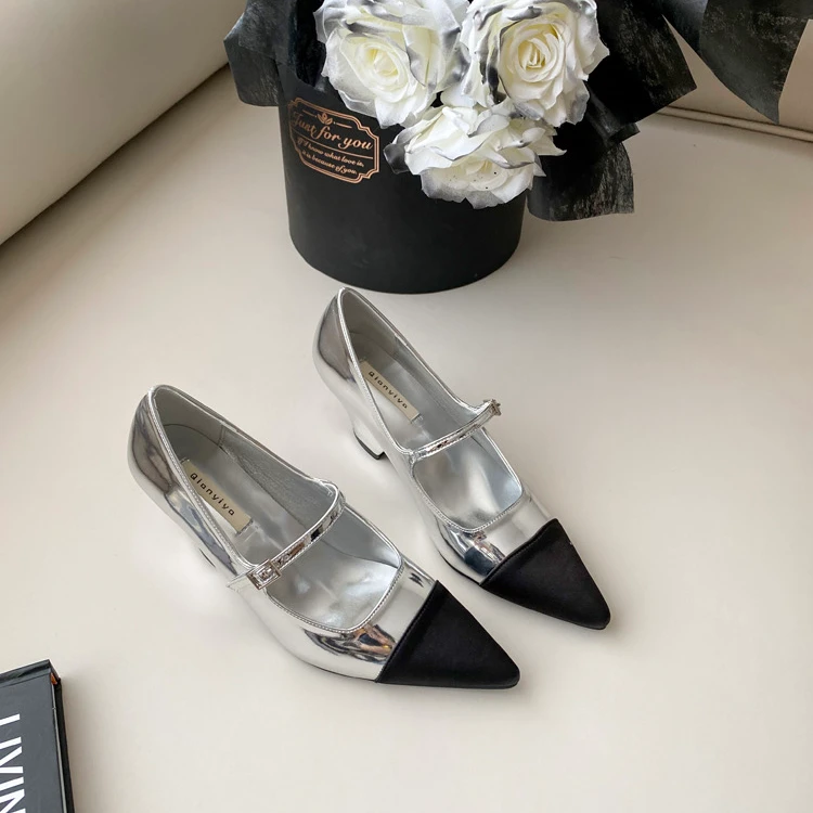 小香风玛丽珍鞋尖头拼色女2024年春季新款粗跟浅口高跟单鞋女神鞋