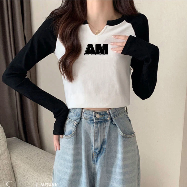 秋冬女生款长袖t恤小个子修身显瘦短款打底衫插肩设计小众上衣ins