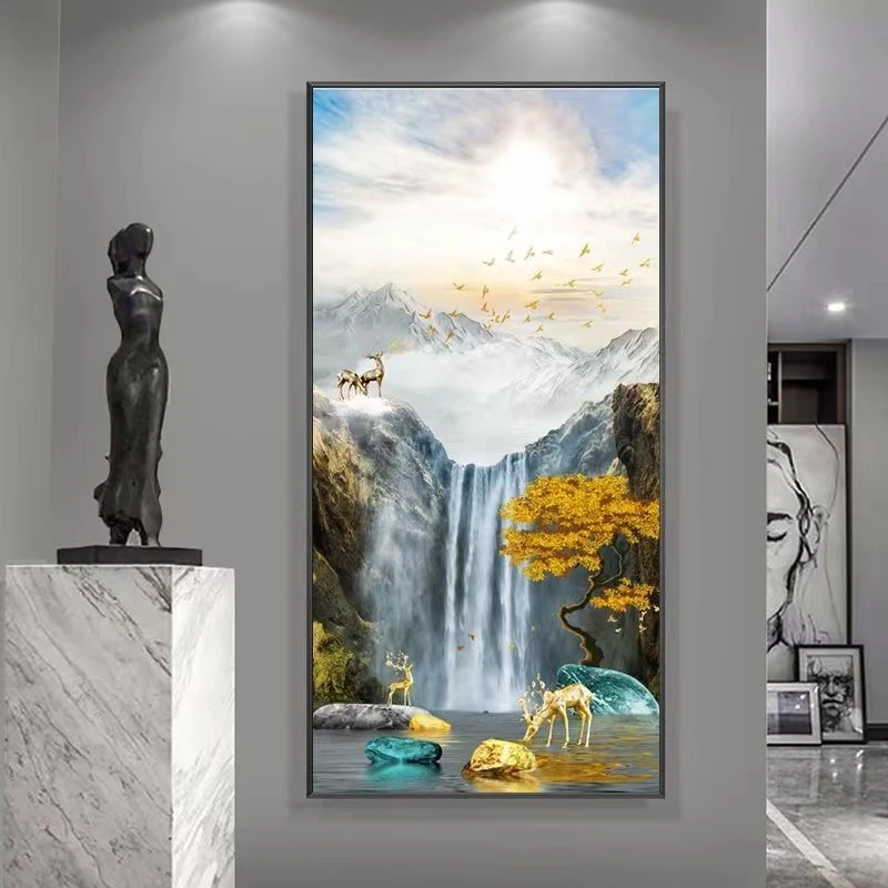 【高山流水】入户玄关轻奢简约现代装饰画走廊过道挂画晶瓷装饰画金