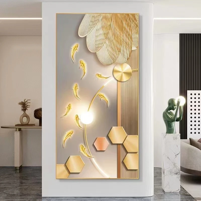 【轻奢九鱼】简约新中式玄关画单幅装饰画走廊挂画晶瓷画铝合金框