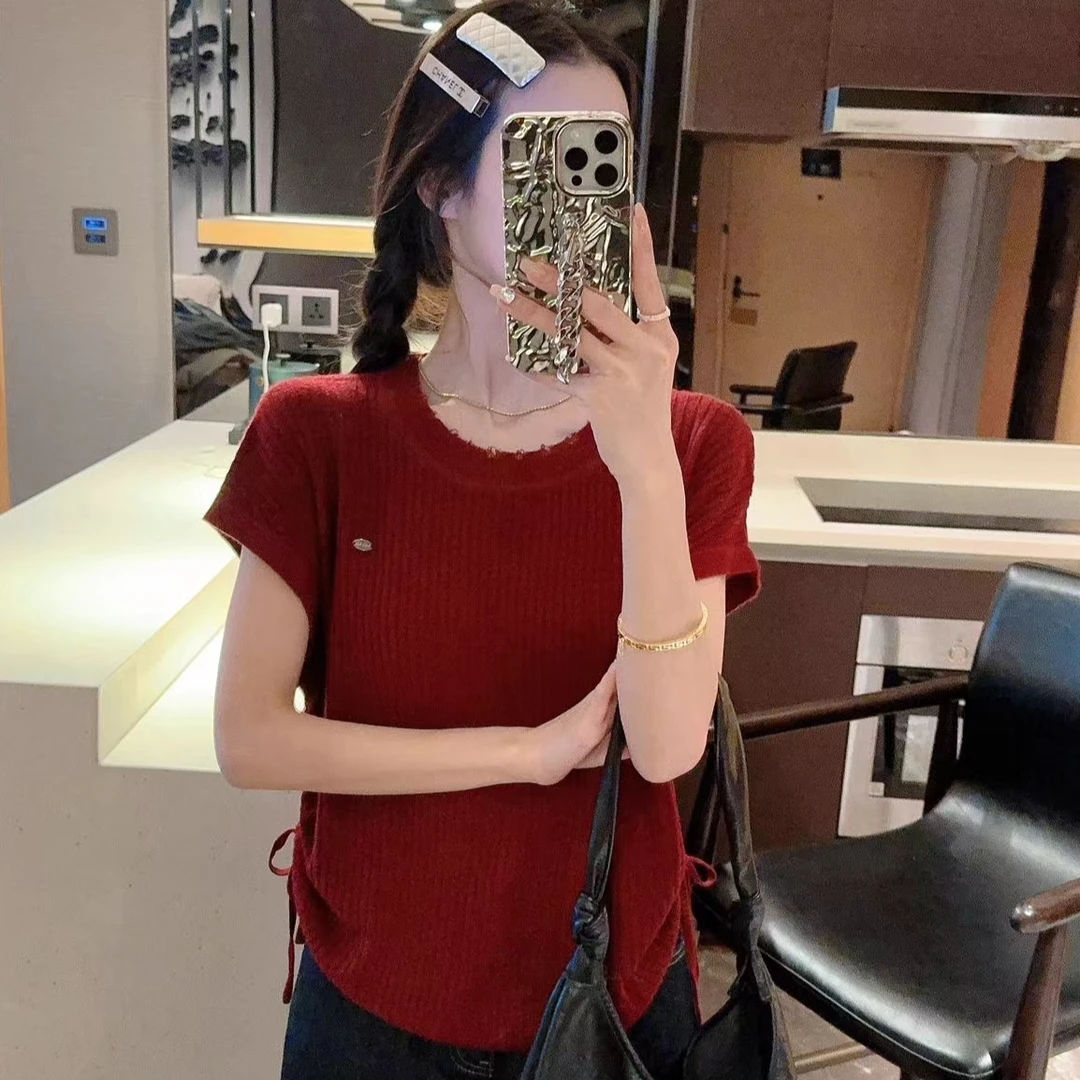 【艾娜严选】2024新款飞飞袖针织衫女装无袖圆领套头时尚款红色宽松