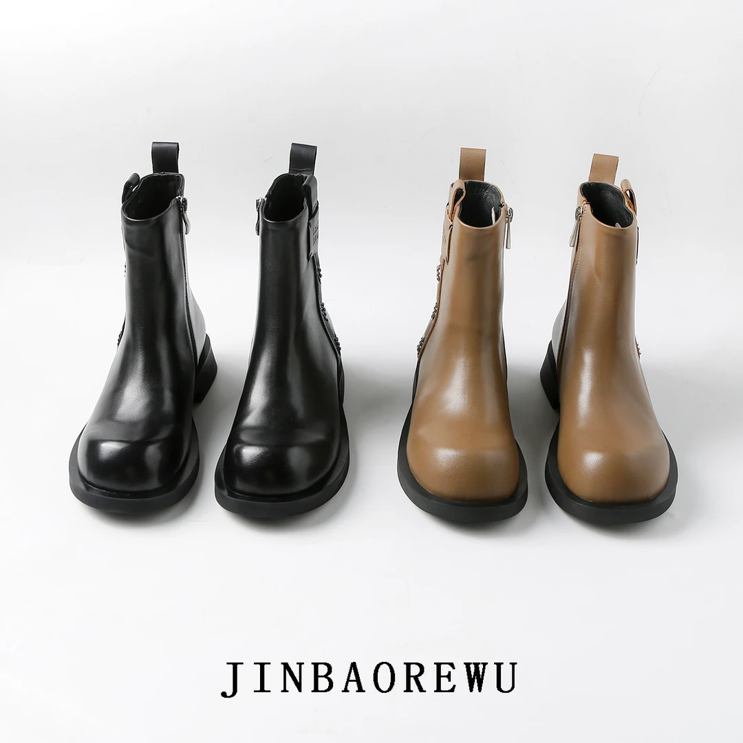 JINBAO热舞2023早秋新款机车靴时尚百搭圆头厚底粗跟马丁靴