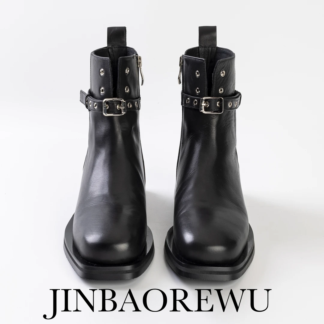 JINBAO热舞2023新款时尚侧拉链短靴女圆头粗跟时尚马丁靴