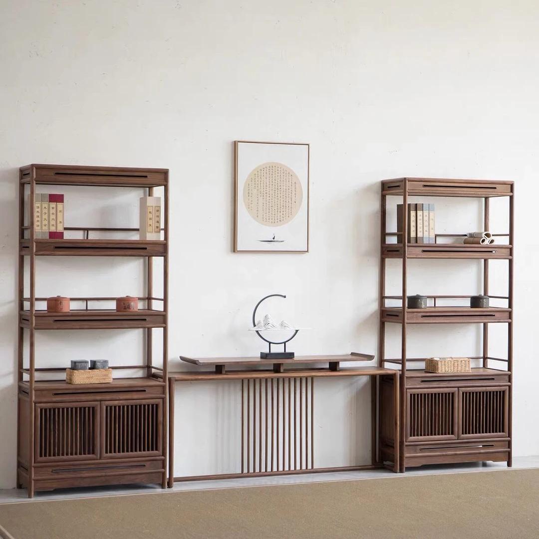 北方老榆木新中式落地书架简约禅意置物架家用储物展示柜客厅书房