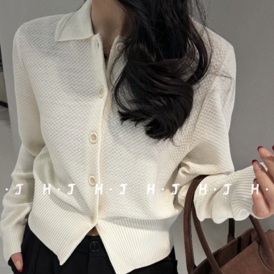 【 H·J 】“半岛香香”高级别致polo领长袖针织开衫9868