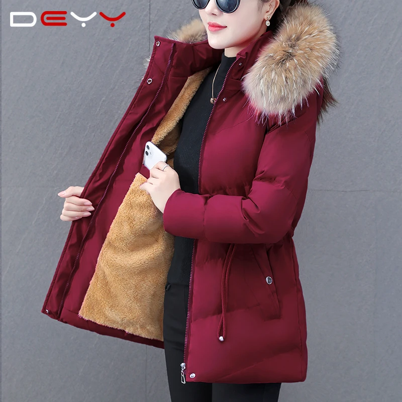 加绒中长款棉服女2022年冬季新款加厚保暖棉衣外套冬装大码棉袄女