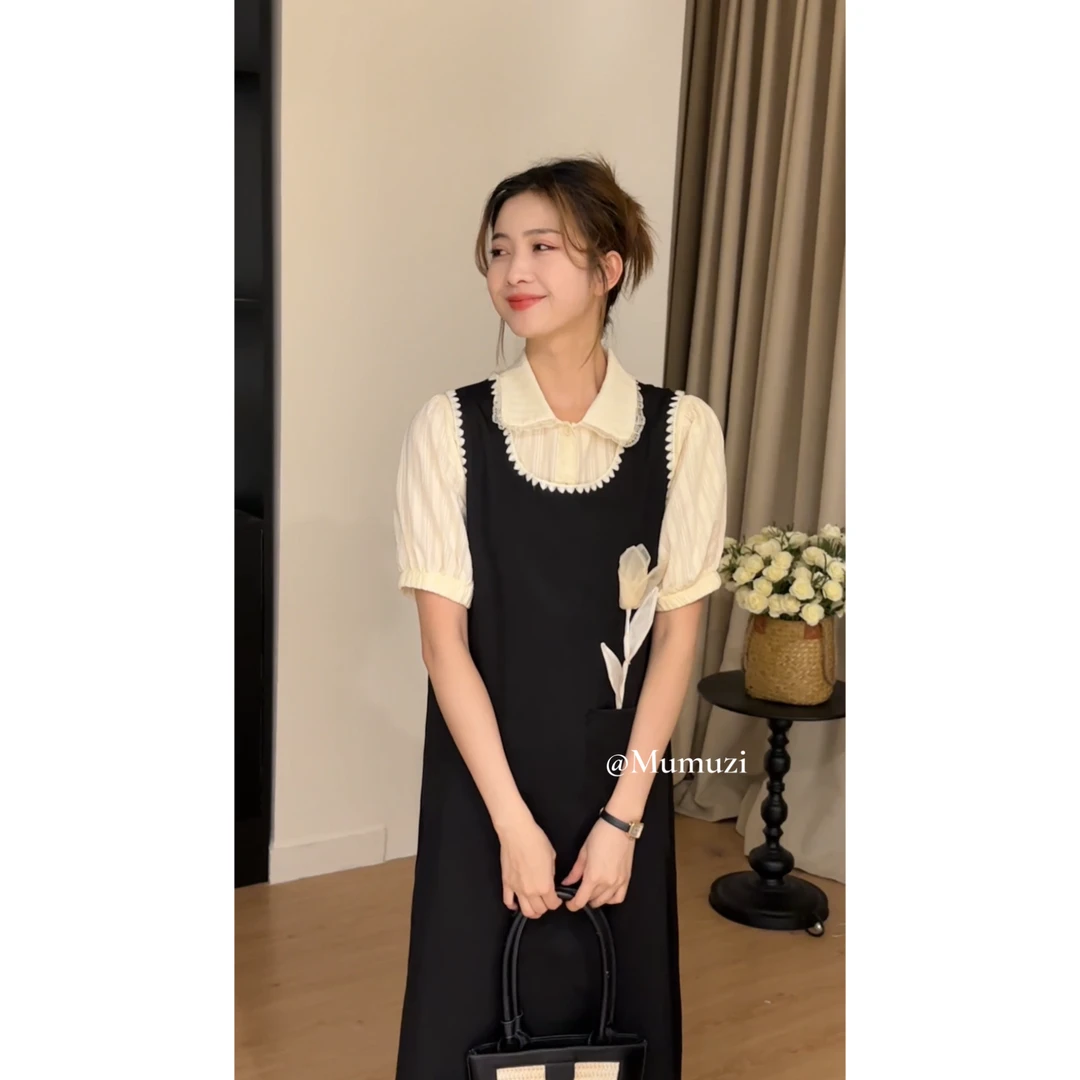 橘子海 【半熟欧尼】花朵背带裙+衬衫两件套套装