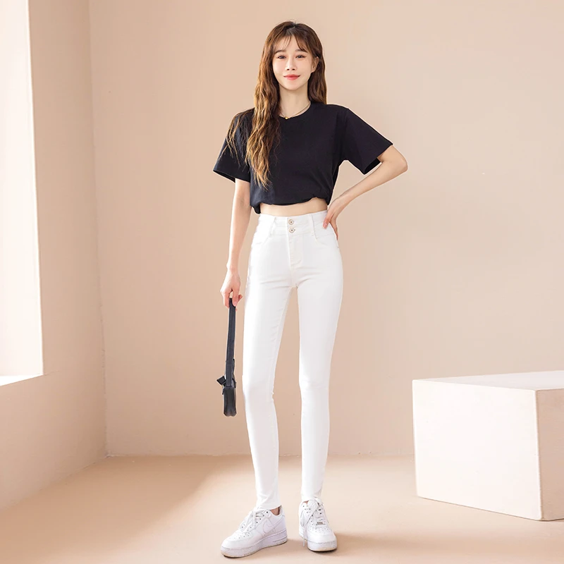 白色牛仔裤女2023年春秋新款高腰小个子修身显瘦弹力小脚紧身裤子