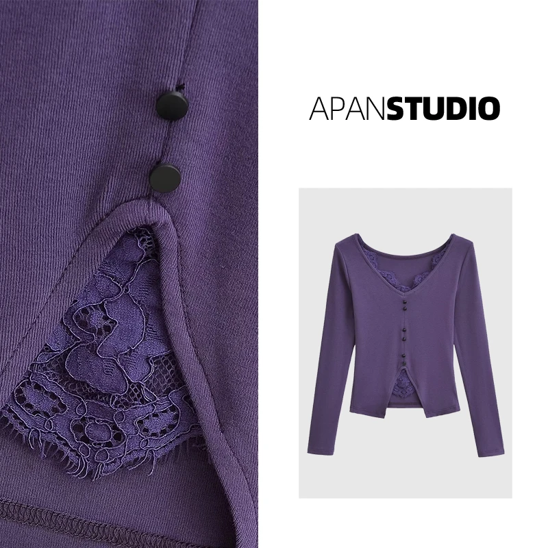 Apan Studio 欧美风V领蕾丝拼接长袖T恤女秋修身显瘦辣妹打底上衣