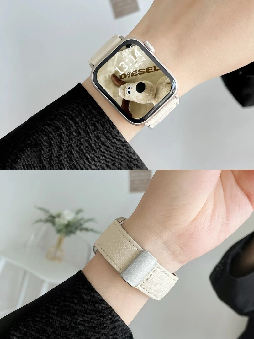 适用iwatchs8表带真皮s7磁吸扣高级s9苹果s6手表s5s4s3女生手表带