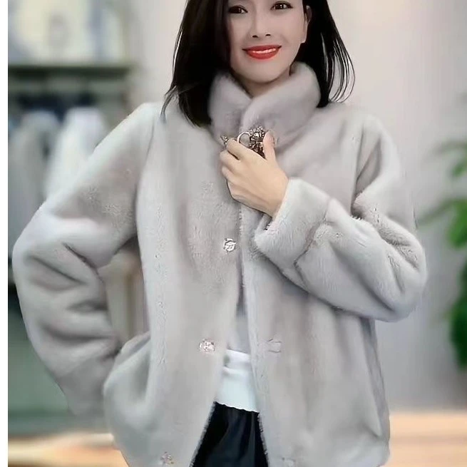 盘扣雪兰貂绒新款秋冬季女装休闲气质立领外套时尚长袖短款潮流