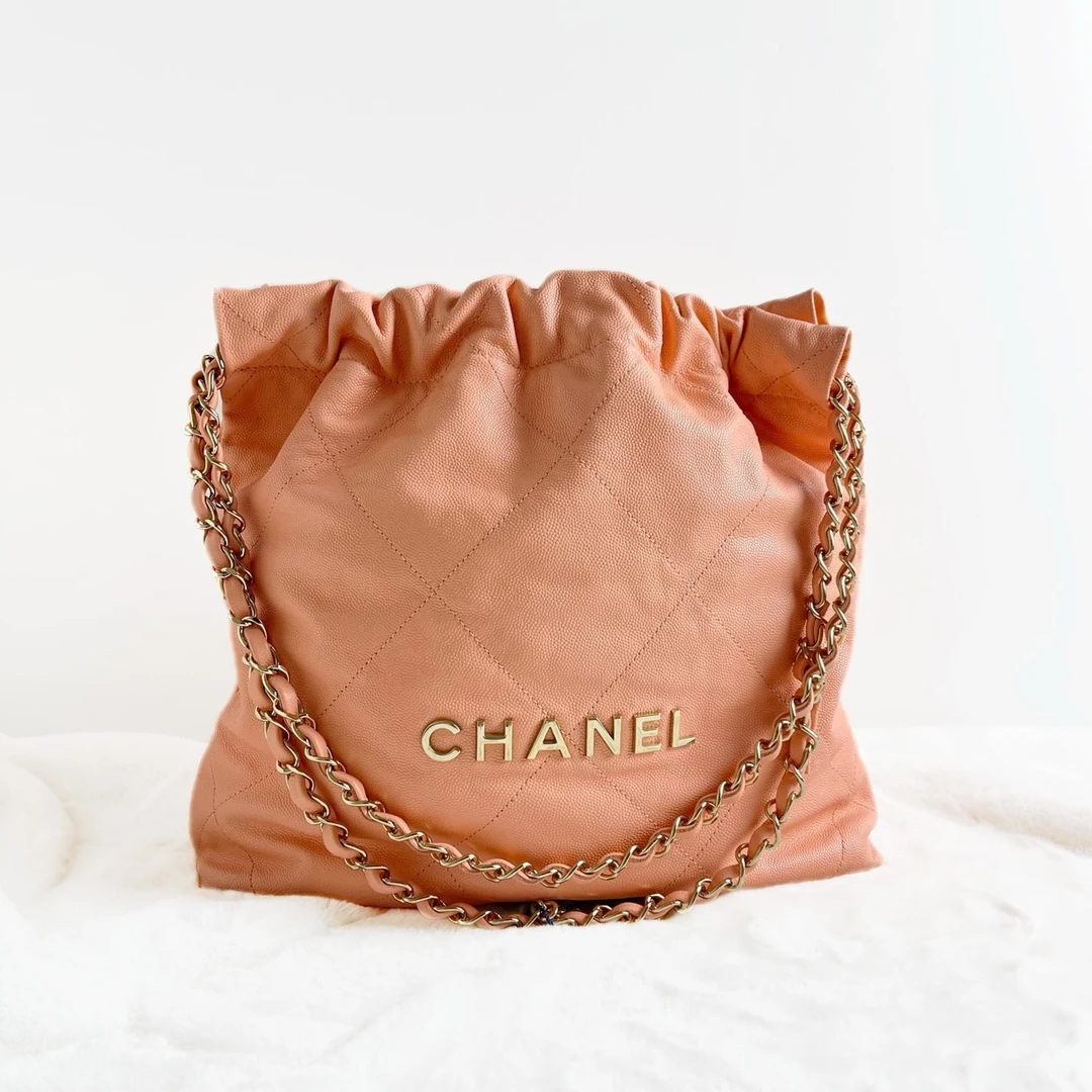 95新 Chanel/香奈儿 22bag 垃圾袋 小号 粉色 金扣 芯片开/6182