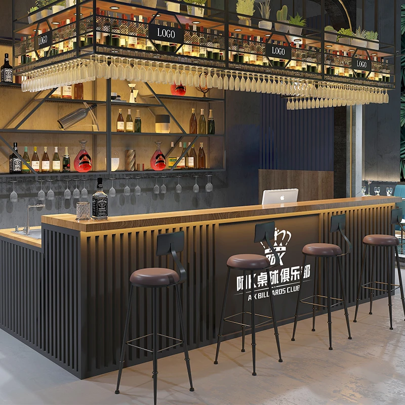 餐厅双台面前台接待台工业风台球桌球厅收银台酒吧铁艺吧台带拐角