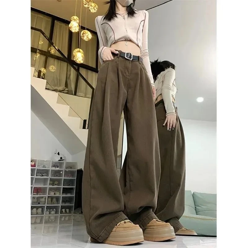 复古做旧咖色高腰牛仔裤褶皱女春秋宽松显瘦设计感阔腿裤子百搭