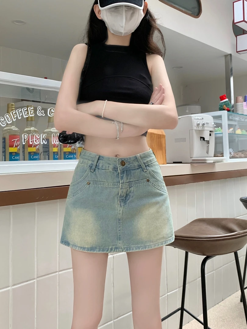 复古做旧辣妹牛仔半身裙女夏季新款高腰a字包臀显瘦防走光短裤裙