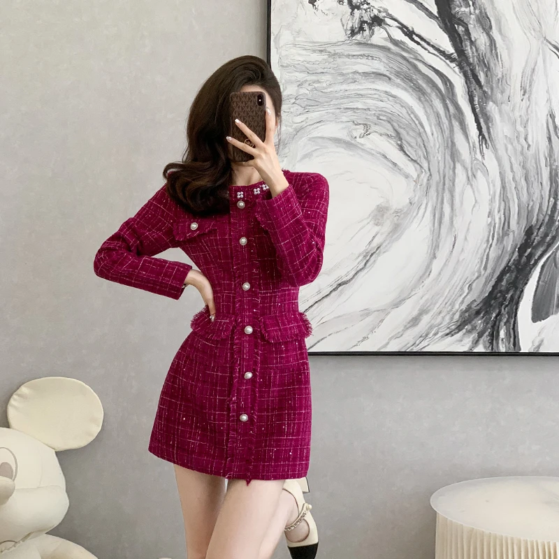 小香风优雅气质连衣裙女2024新款秋冬季时尚复古高级感女神范裙子