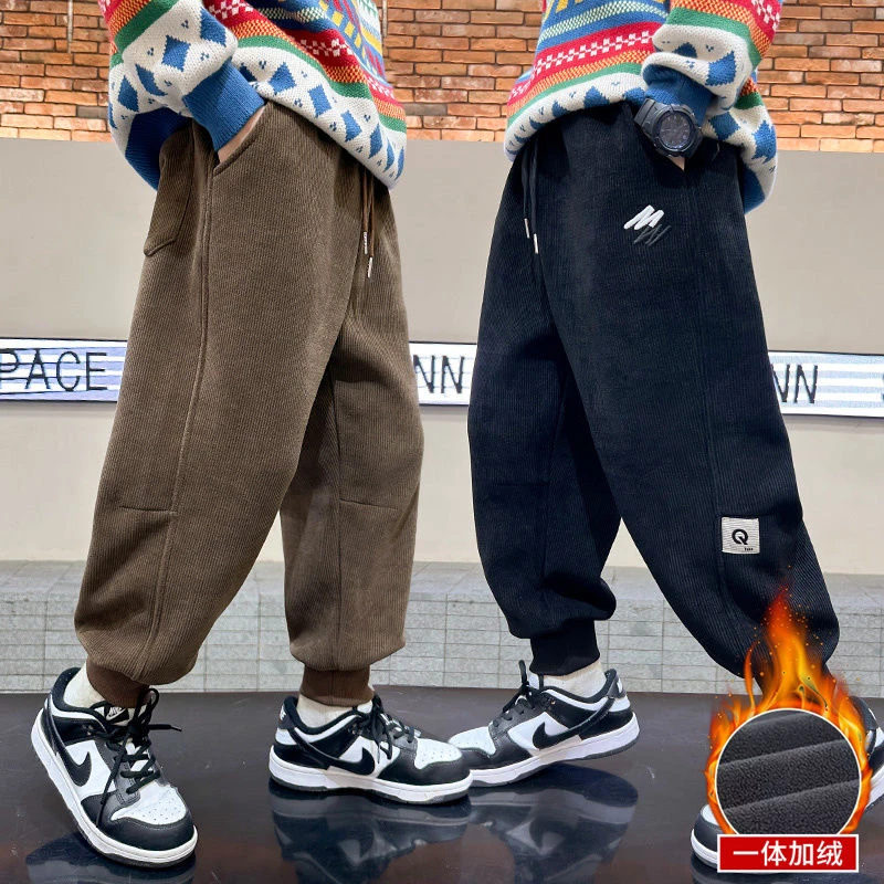 加绒男童裤子秋冬季儿童木棉绒长裤中大童一体绒潮流卫裤运动裤潮