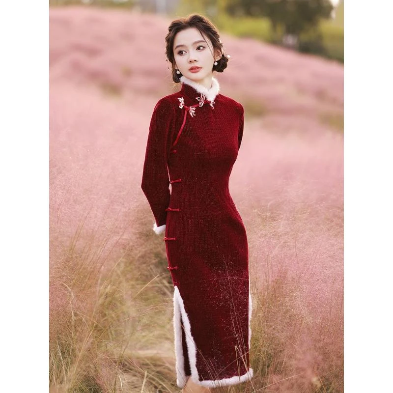 改良旗袍2023年新款女秋冬季红色小棉袄过年拜年服新年战袍中长款