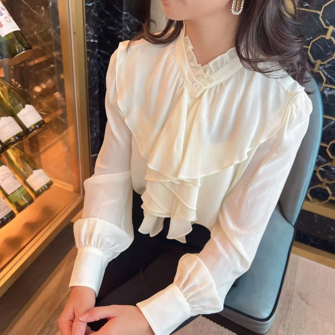 SIWAN 【南法风情】重磅桑蚕丝设计师系列木耳边衬衫气质上衣
