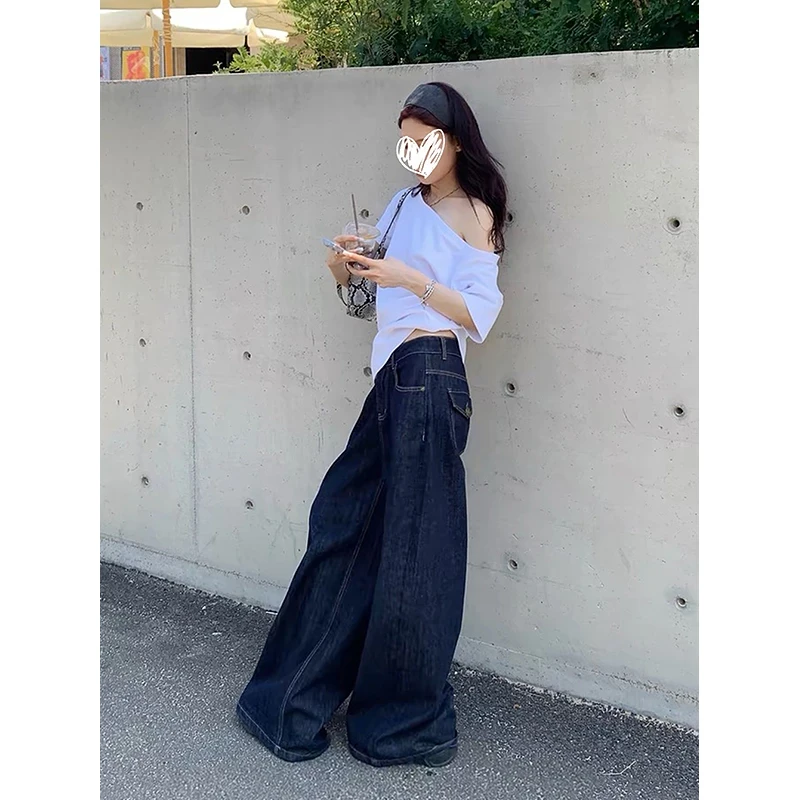 春秋新款原色系深蓝色牛仔裤后口袋设计感高腰宽松阔腿拖地长裤子