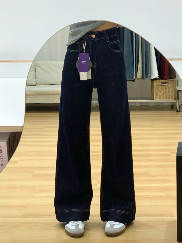 美式水洗深蓝色牛仔阔腿裤女秋季新款高腰宽松百搭显瘦直筒拖地裤