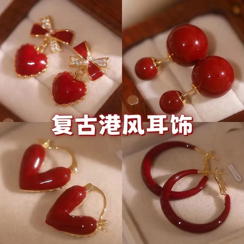 红色素圈耳环小众设计轻奢高级感耳饰女2024新款爆款简约百搭耳钉