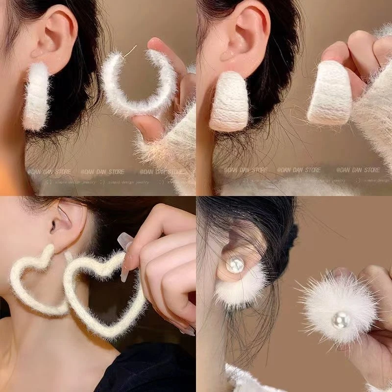毛茸茸毛绒耳圈耳环女2024爆款耳环气质高级感耳钉冬季耳饰秋冬款