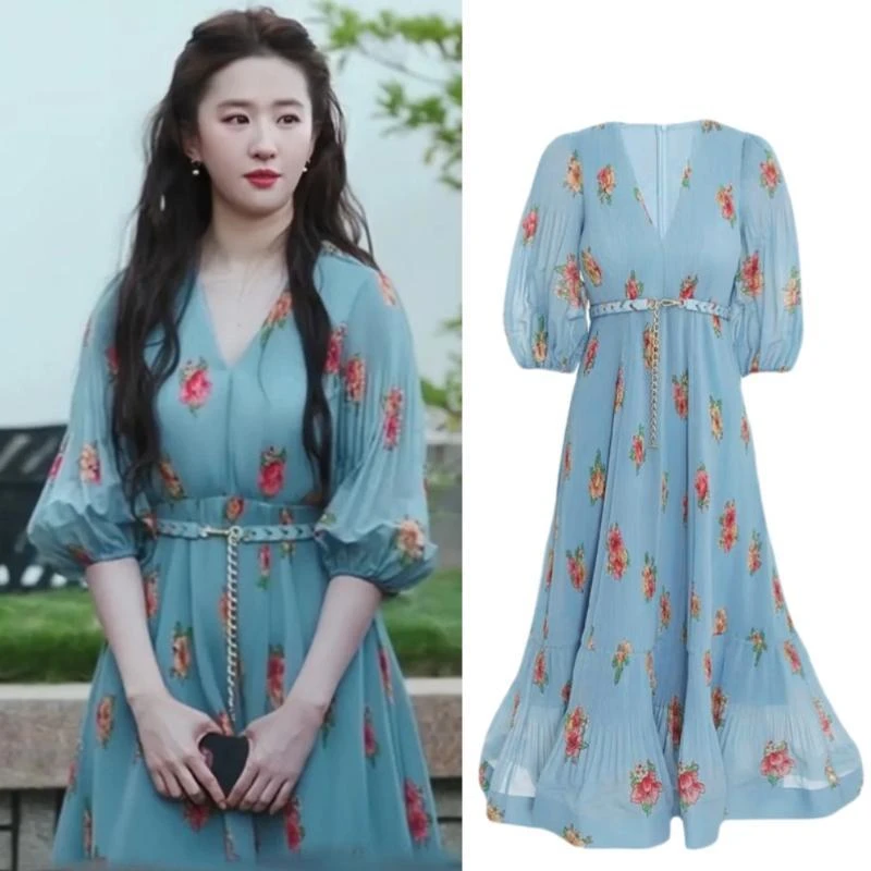 去有风的地方刘亦菲许红豆同款蓝色印花连衣裙女法式气质仙女裙子