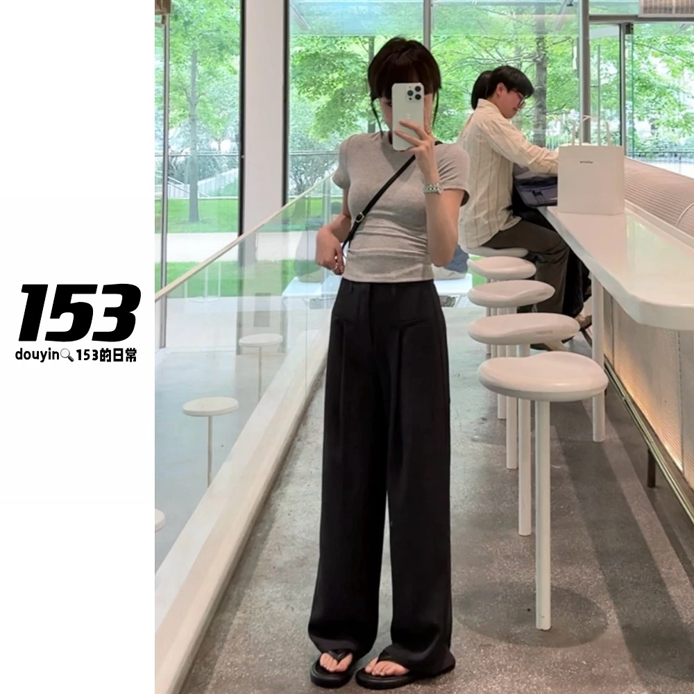 【153的日常】素灰西裤小个子显瘦休闲夏季垂感百搭设计感22XK122