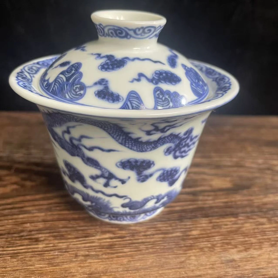 景德镇陶瓷青花釉下穿云龙盖碗茶具