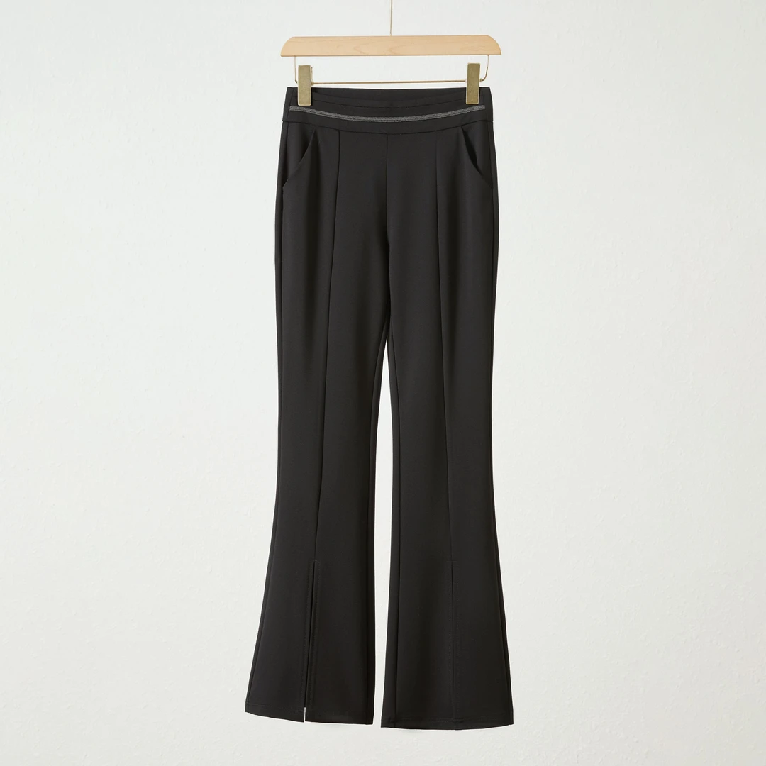 春秋微喇裤高腰喇叭裤显瘦休闲裤子薄款九分前开叉2750