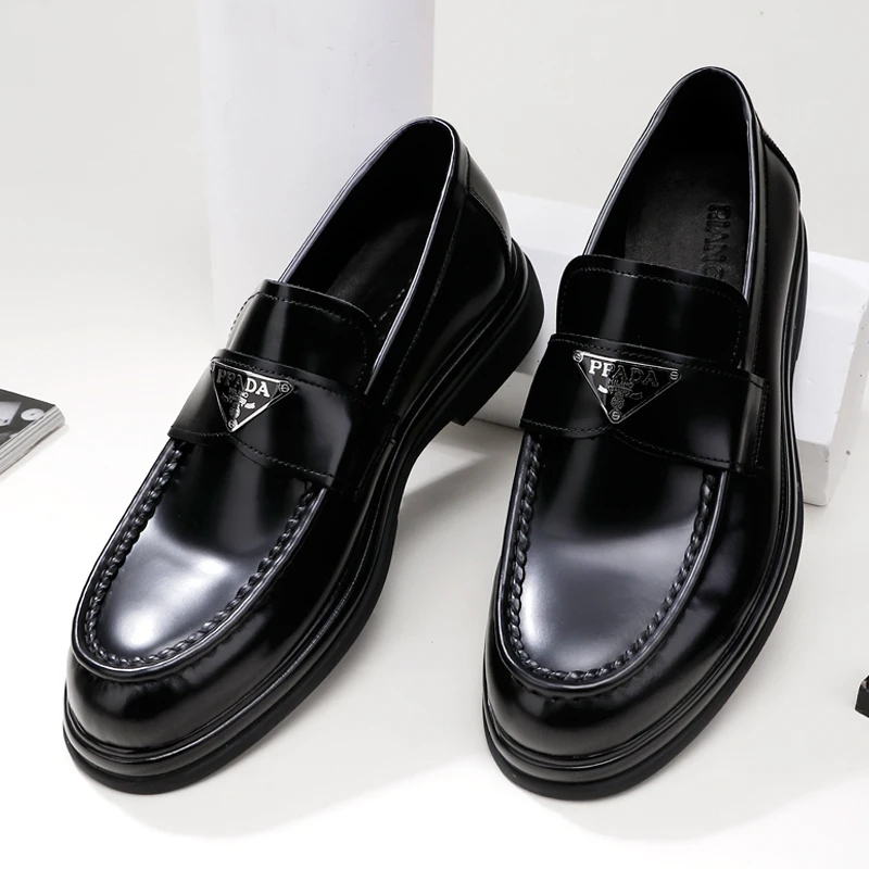 夏季透气英伦商务休闲皮鞋男士亮面一脚蹬乐福鞋懒人男鞋头层牛皮