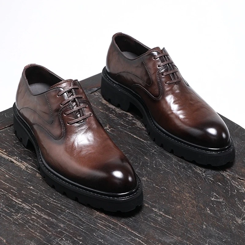 高端胎牛皮英伦风商务正装皮鞋男士厚底牛津鞋真皮德比鞋休闲男鞋