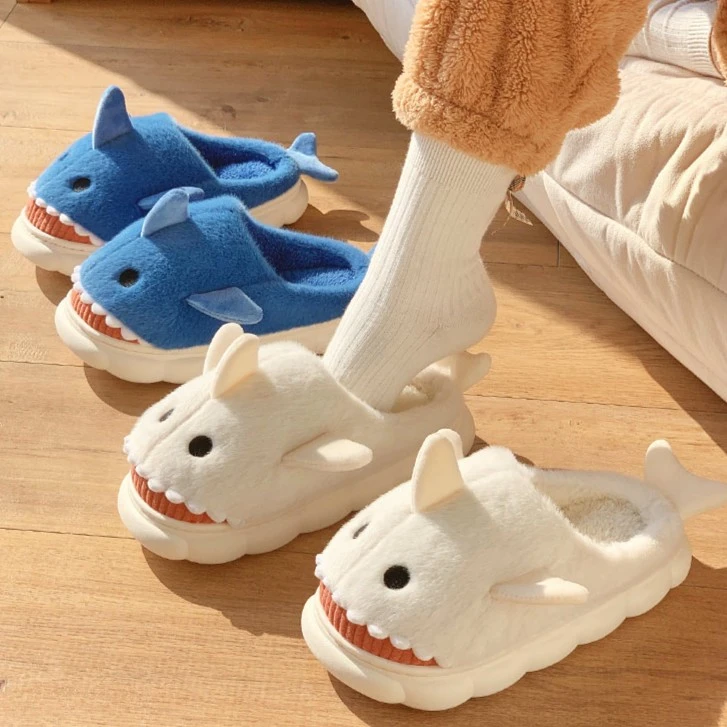 小鲨鱼棉拖鞋冬天家居拖鞋秋冬毛绒保暖厚底冬季男款棉鞋女棉拖