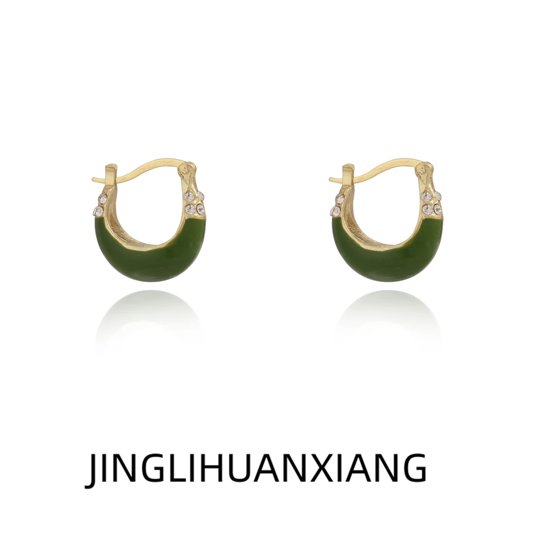 合金耳饰 c-1627复古圆形滴釉耳扣女2024年果绿色耳环轻奢耳饰