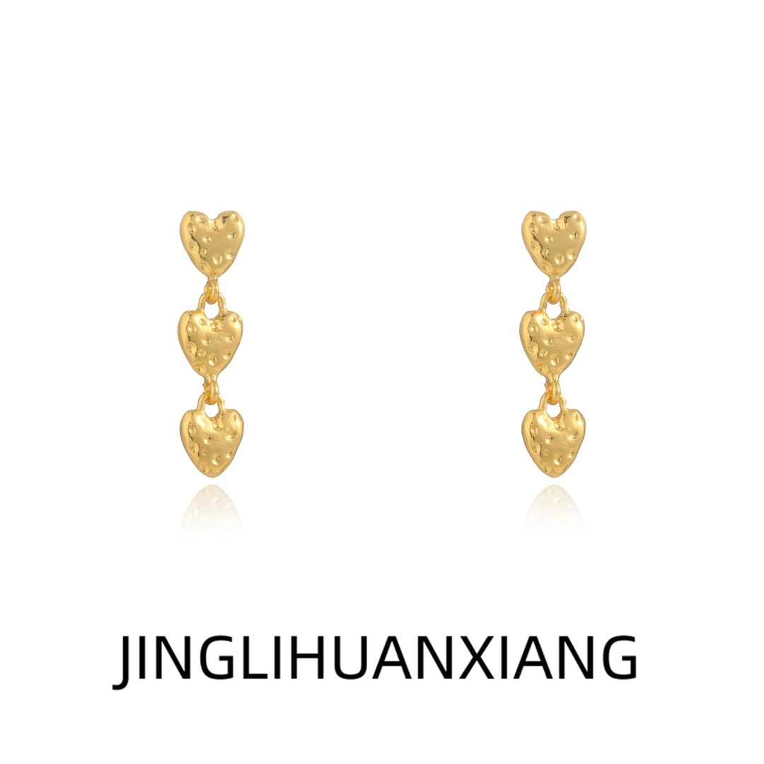 合金耳饰 A146潮汐心跳 复古肌理感金属爱心长款高级感耳钉耳环