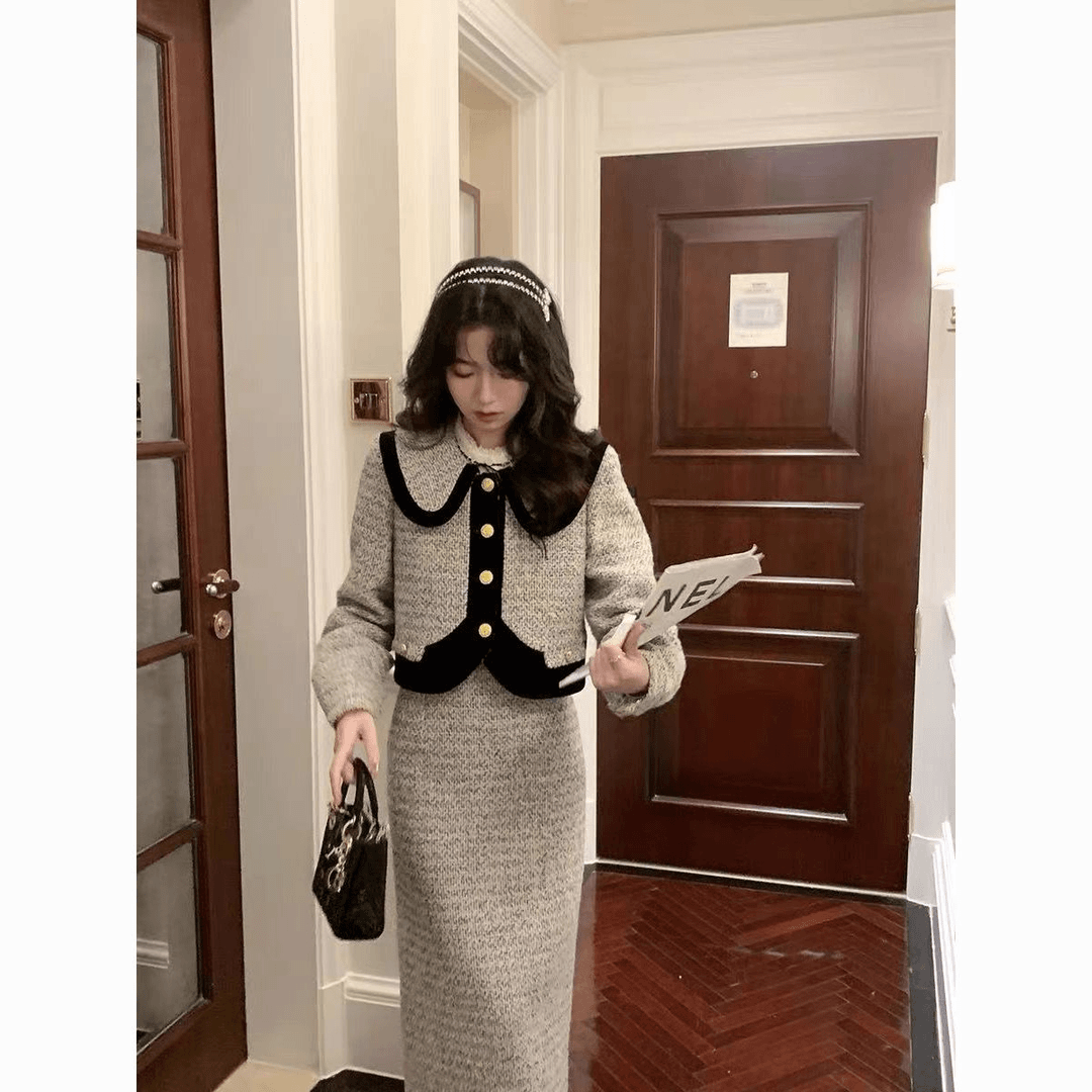 女装鹿阿姨秋冬小香风感气质名媛「烟岚云岫」撞色拼接短外套套装