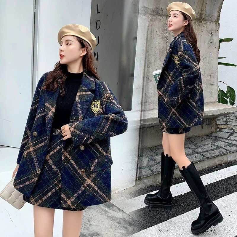 小香风时尚秋冬新款格子粗花毛呢西装外套半身裙洋气两件套装女