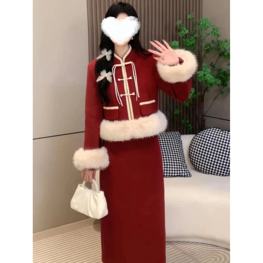 中国风网红加厚夹棉服女套装2023年新款冬季小香风感短外套两件套