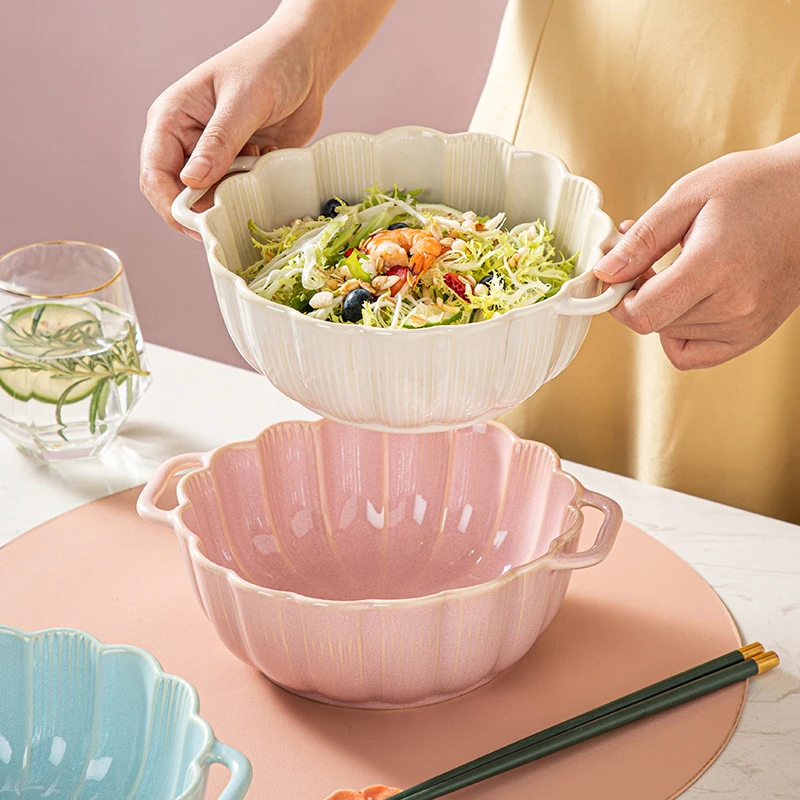 汤碗大号双耳花瓣碗家用双耳手柄面碗烤箱微波炉大容量陶瓷汤锅