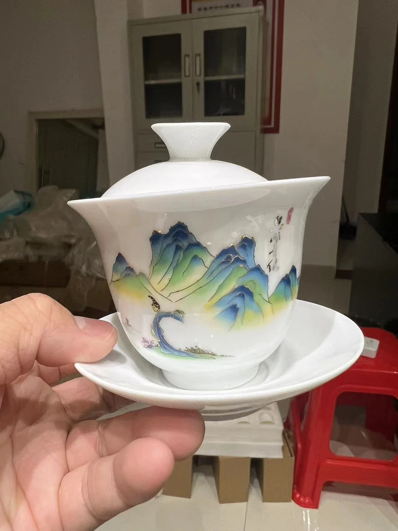 羊脂玉瓷千里江山三才盖碗1959