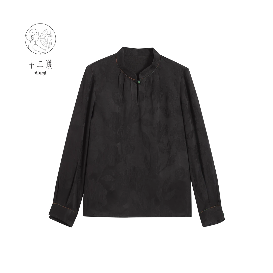 【十三仪]黑色复古中国风气质冠乐皱香云纱小衫  ZYL-23J12011