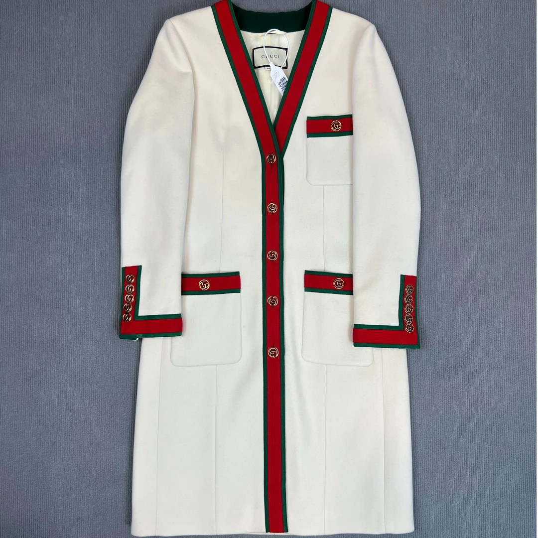 95新 GUCCI/古驰 240883/38码/红绿条饰中长款大衣/23055