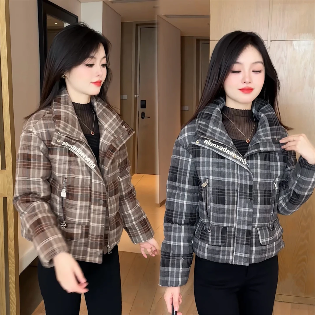 【婉星儿品牌】显瘦洋气短款时尚百搭加厚格子棉衣网红休闲韩版冬季