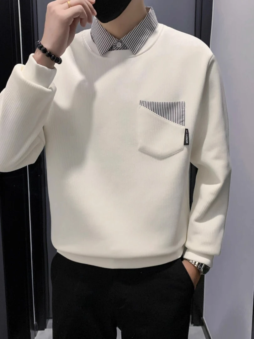 白色假两件条纹拼接翻领卫衣潮牌男秋季韩系穿搭男士内搭休闲上衣