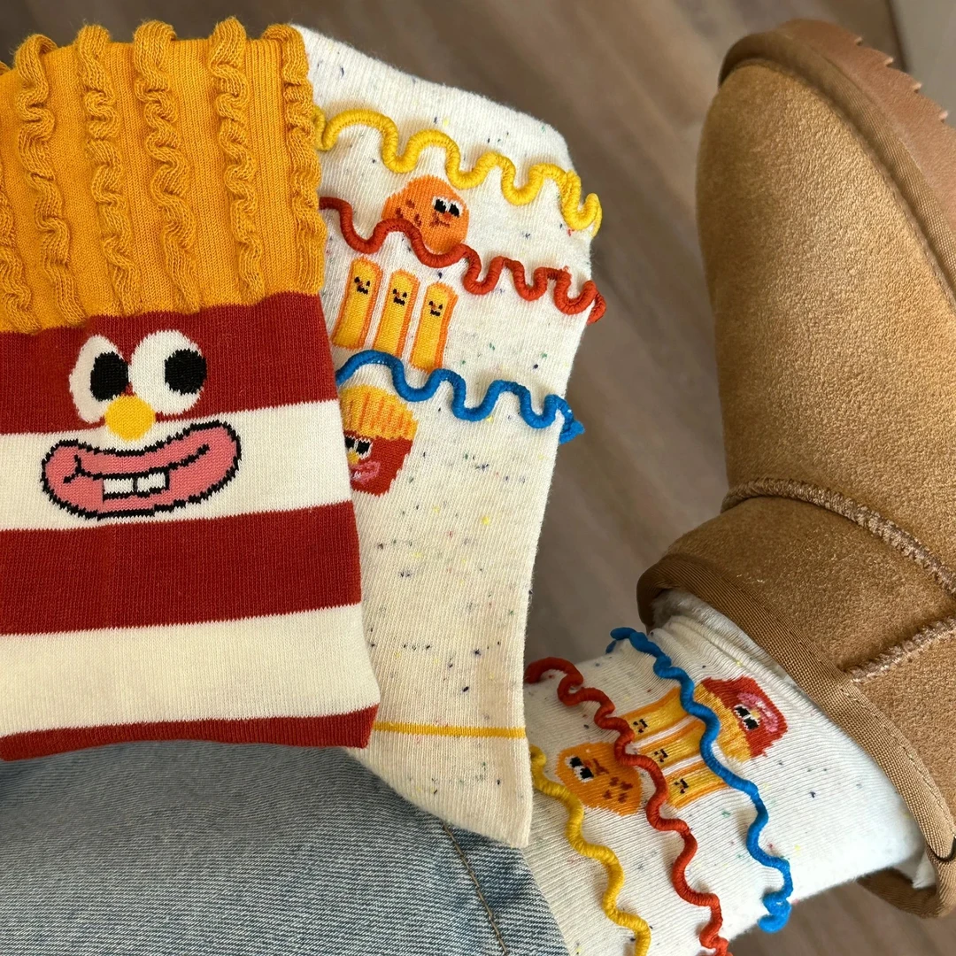 韩版ins时尚东大门设计师款搞怪薯条堆堆袜日系可爱潮流中筒棉袜