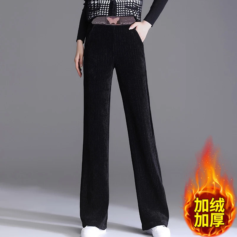 中年妈妈雪尼尔阔腿裤秋冬中老年女装加绒裤高腰直筒裤灯芯绒裤子